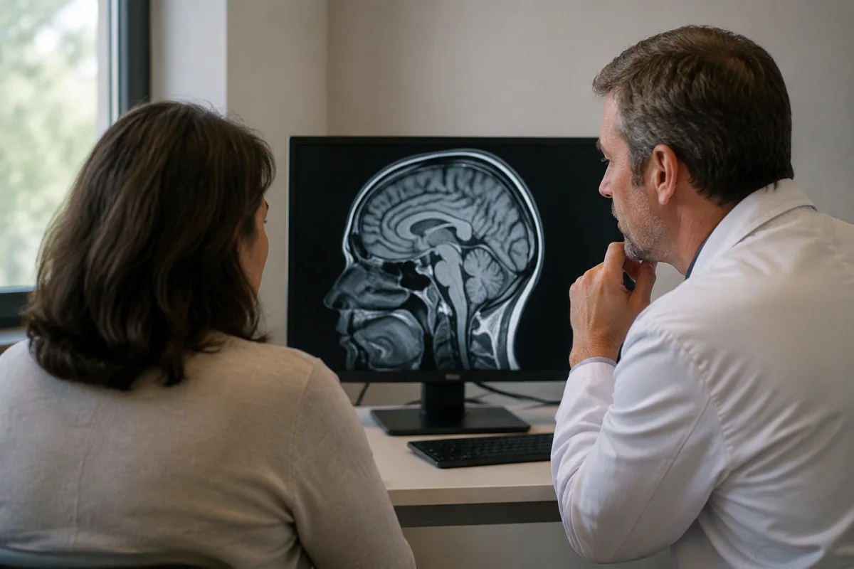 Imagem ilustrativa: Mulher e médico observam ressonância cerebral durante consulta.