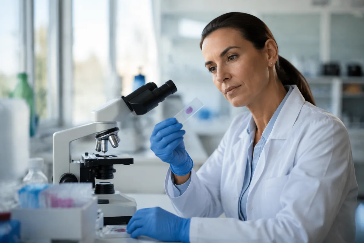 Imagem ilustrativa: Especialista de laboratório segura lâmina de microscopia ao lado de microscópio, foco na investigação.