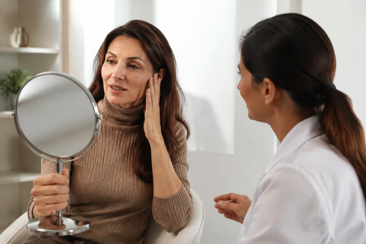 Imagem ilustrativa: Mulher conversa com profissional de estética enquanto segura espelho de mão, consulta sem intervenção.