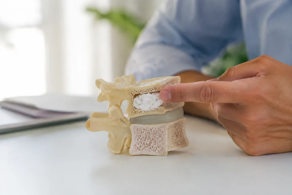 Imagem ilustrativa: Modelo de vértebra osteoporótica com material de vertebroplastia fechado sobre bancada médica.