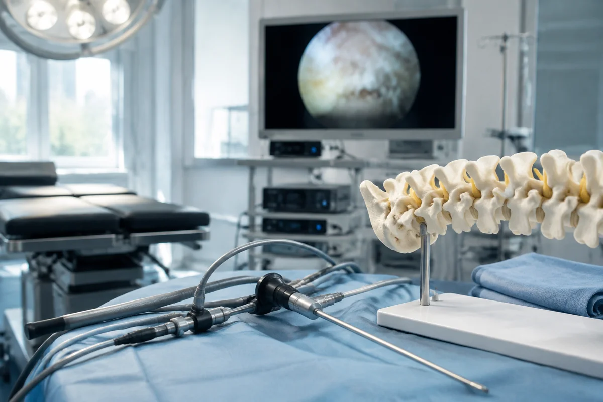 Imagem ilustrativa: Equipamento de endoscopia de coluna e modelo vertebral sobre mesa em sala cirúrgica vazia.