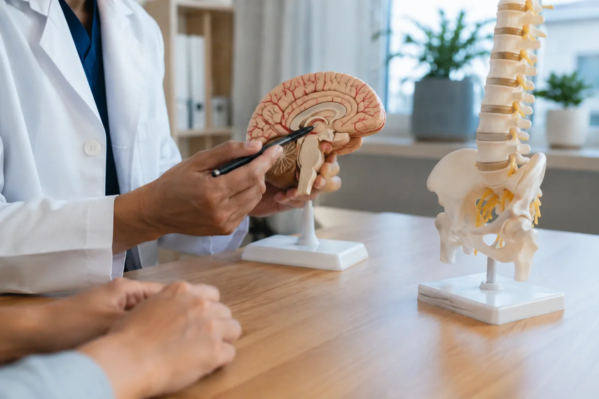 Imagem ilustrativa: Especialista compara modelos anatômicos de cérebro e medula sobre mesa de consulta.