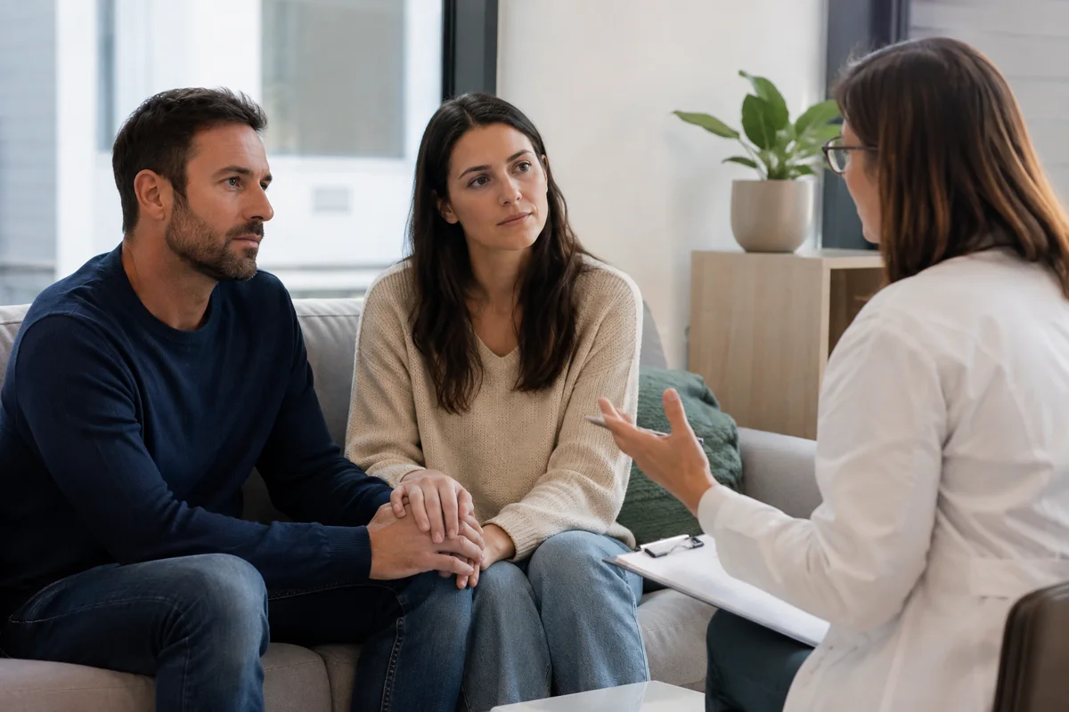 Imagem ilustrativa: Adulto em recuperação após crise conversa com neurologista acompanhado por parceiro.