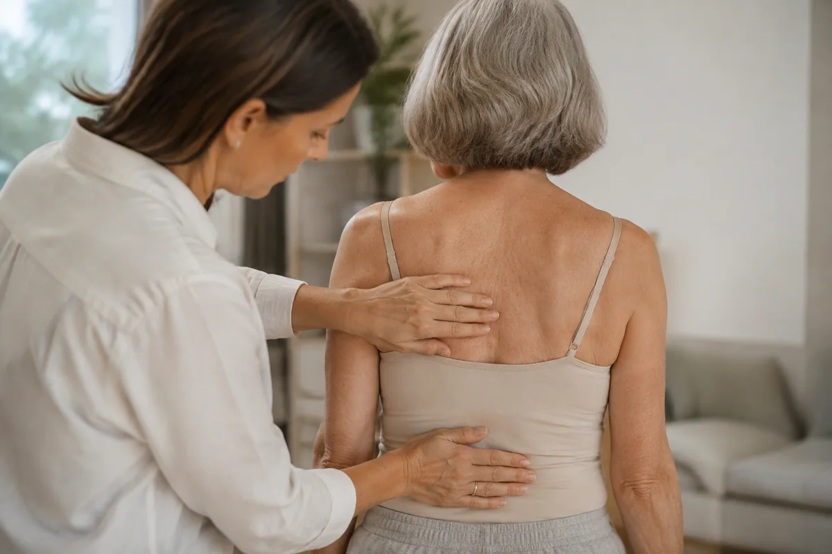 Imagem ilustrativa: Mulher acima de 60 anos recebe avaliação postural de costas vestida com roupa leve.