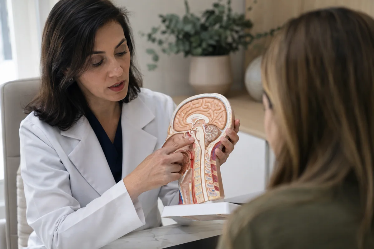 Imagem ilustrativa: Médica mostra transição crânio cervical em modelo anatômico durante consulta.