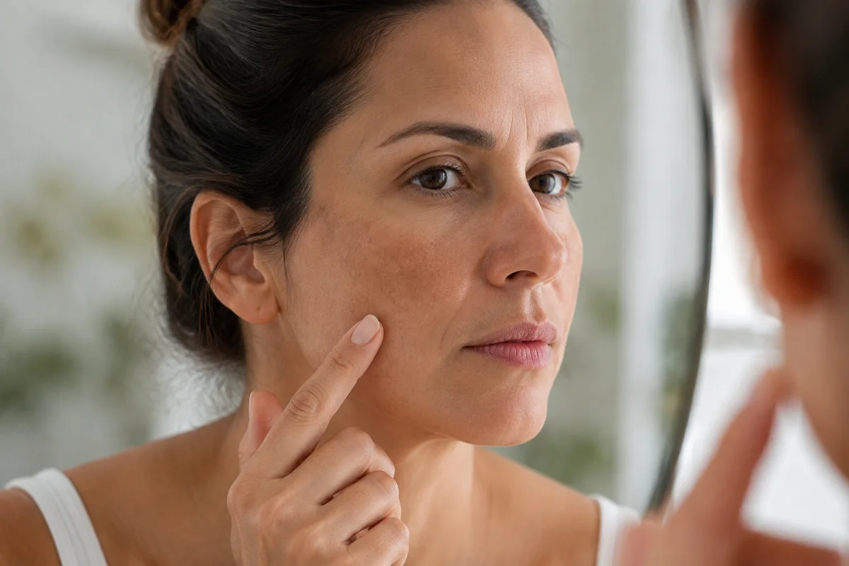Imagem ilustrativa: Retrato próximo de mulher com melasma discreto nas bochechas e pele natural.