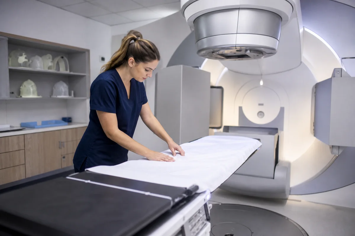 Imagem ilustrativa: Sala de radiocirurgia com equipamento moderno vazio e técnico preparando mesa.
