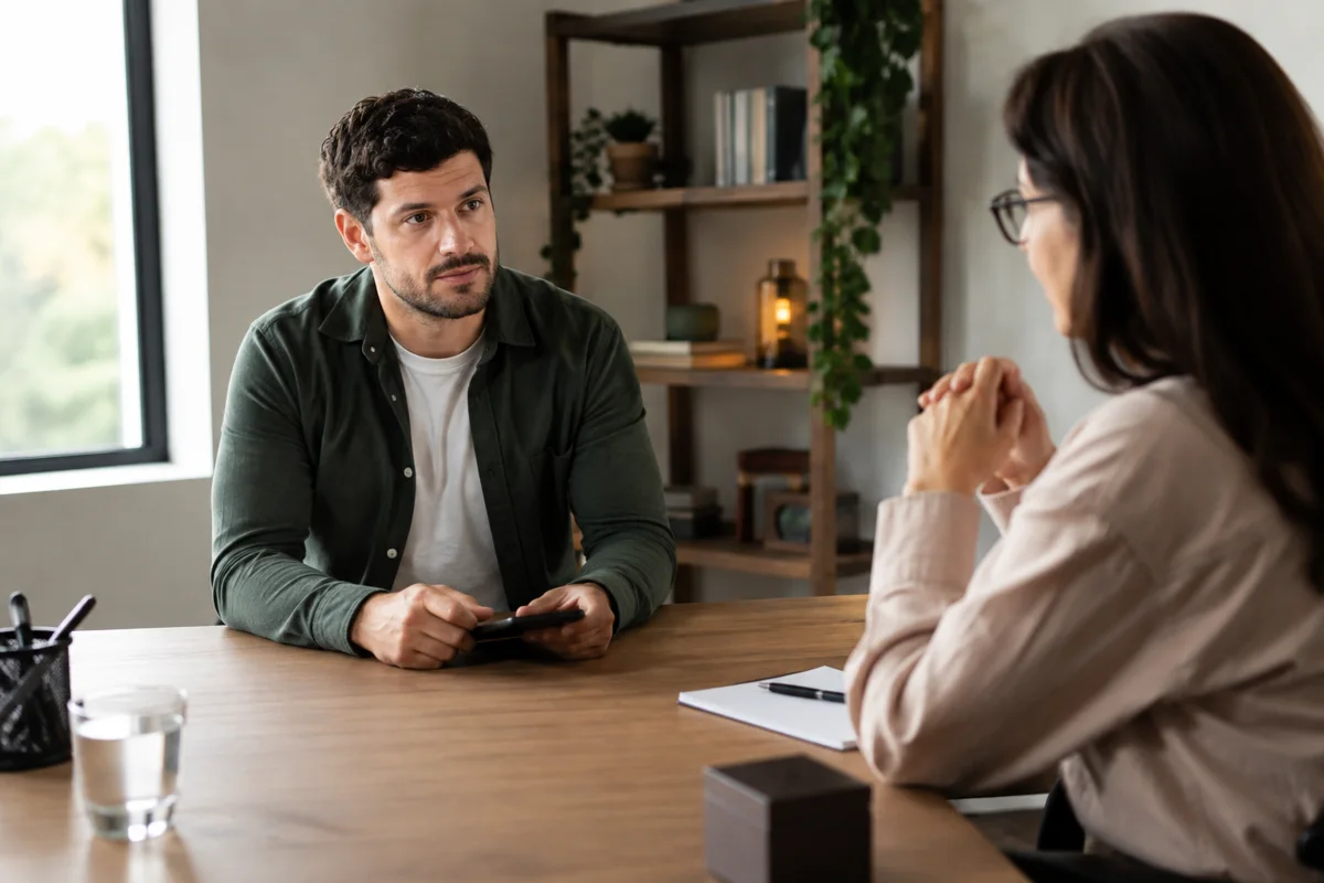Imagem ilustrativa: Adulto em consulta de atenção guarda telefone sobre a mesa e conversa com psicóloga.