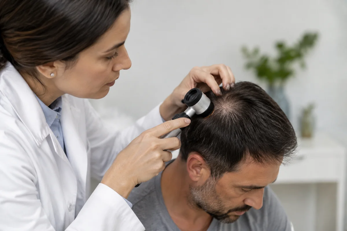 Imagem ilustrativa: Dermatologista usa dermatoscópio no couro cabeludo de homem com rarefação capilar.